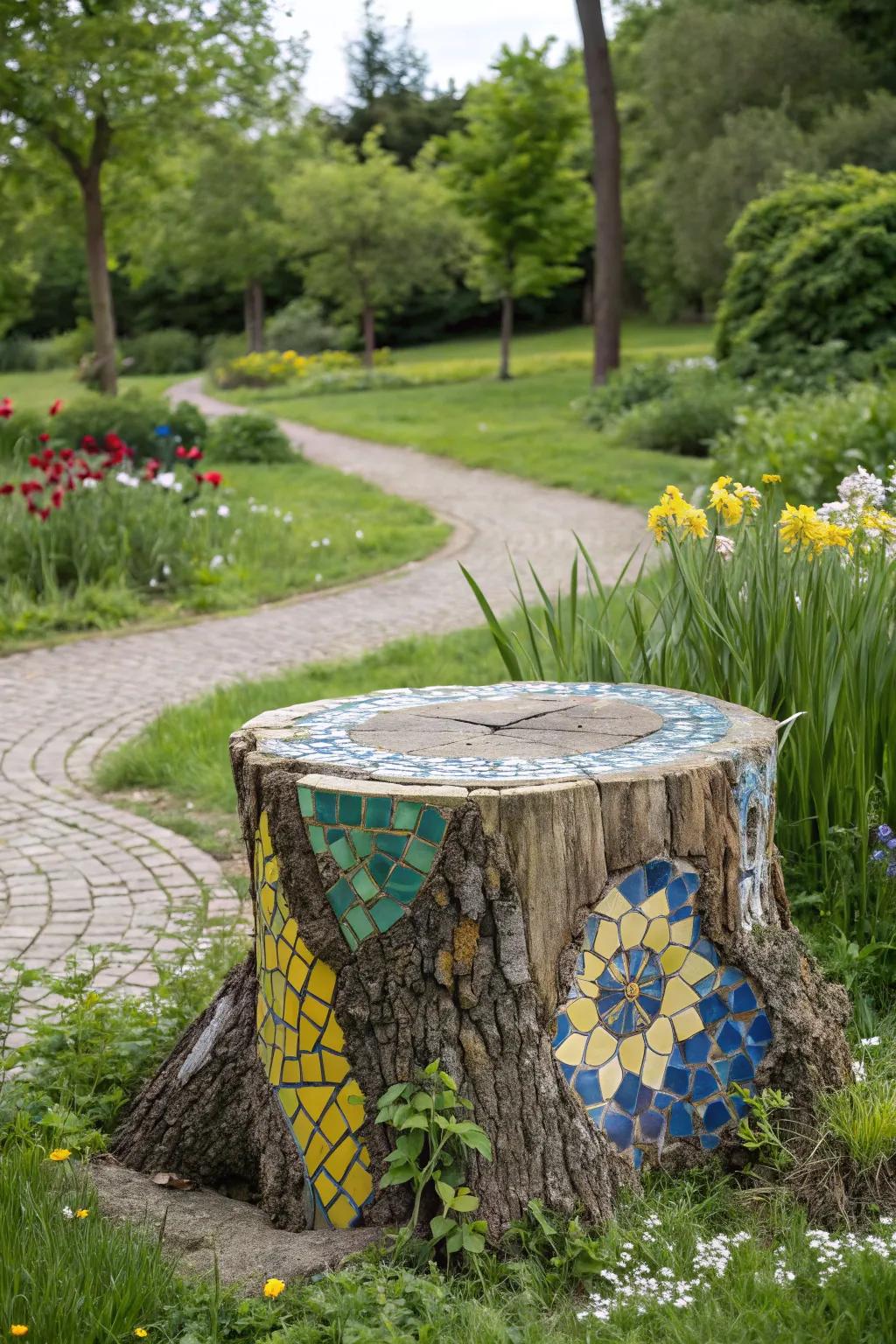Add artistic flair to your garden with a mosaic tree stump.