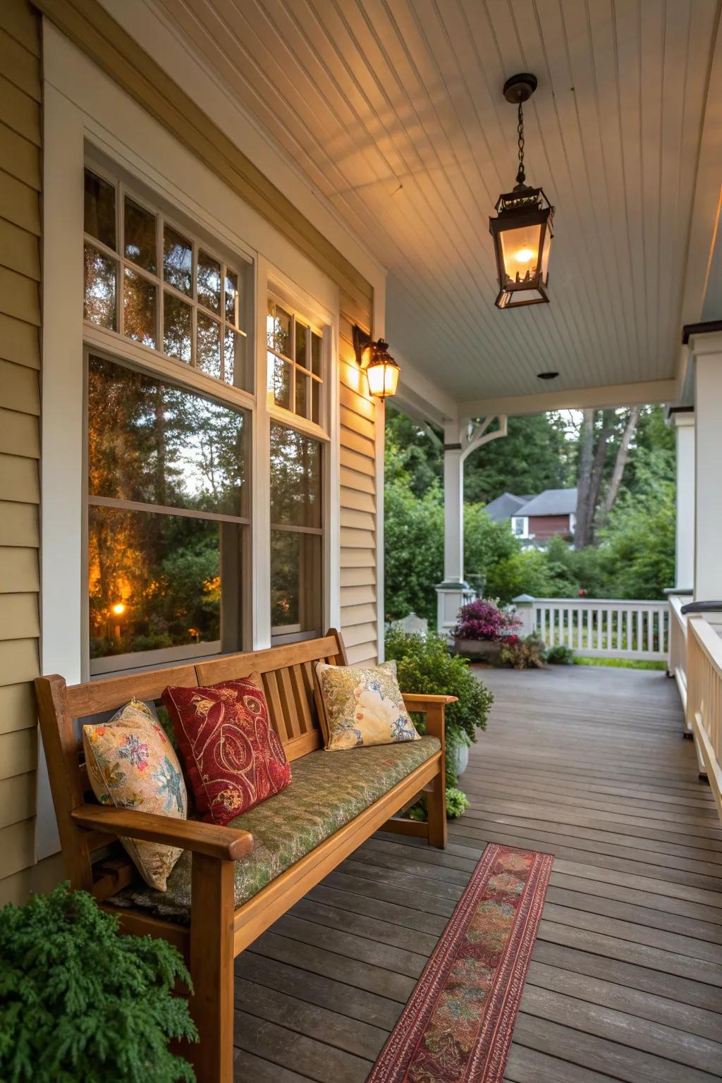 A cozy seating area on a front porch, perfect for relaxation.