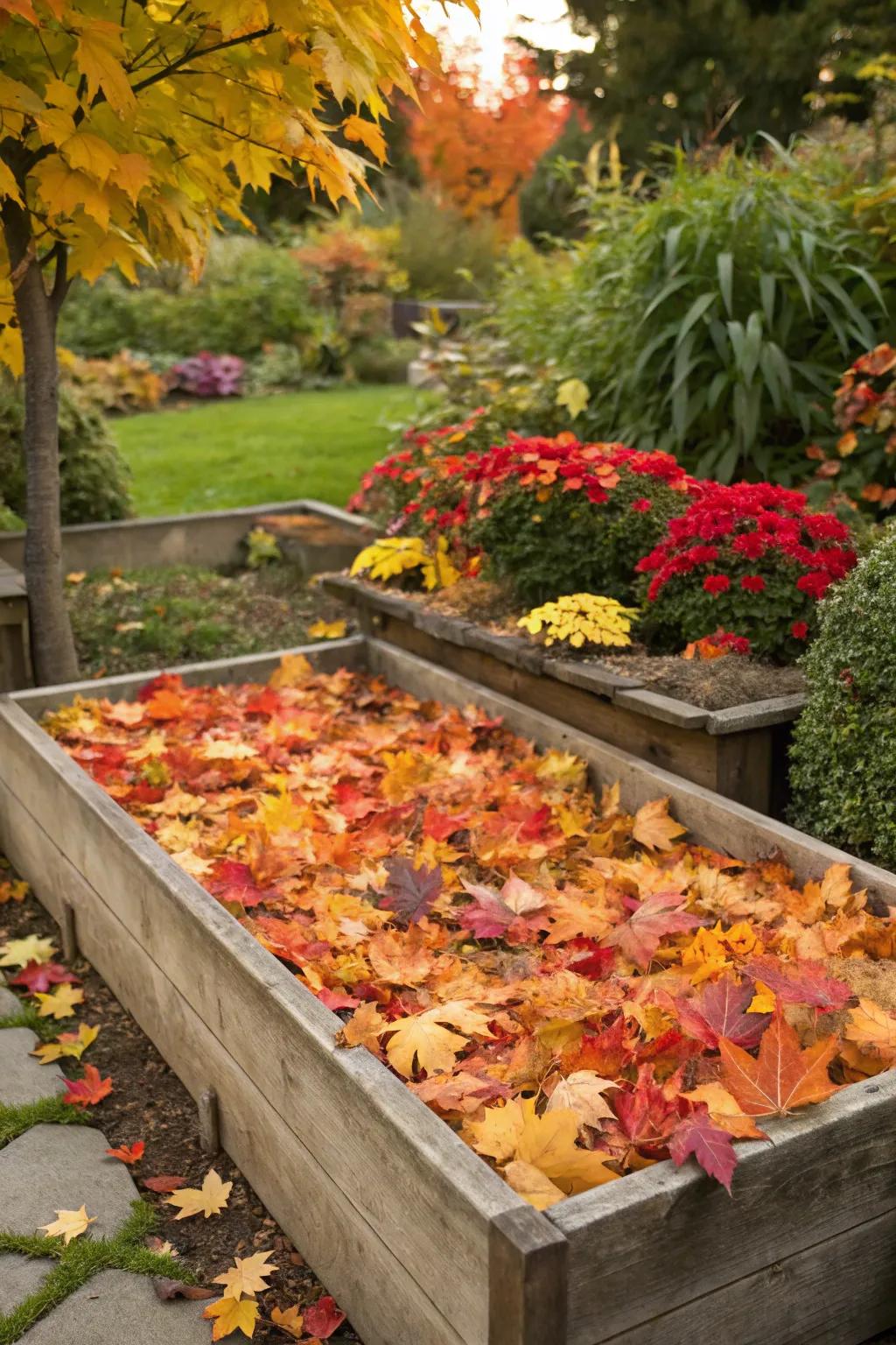 A layer of fall leaves adding richness to the garden bed.