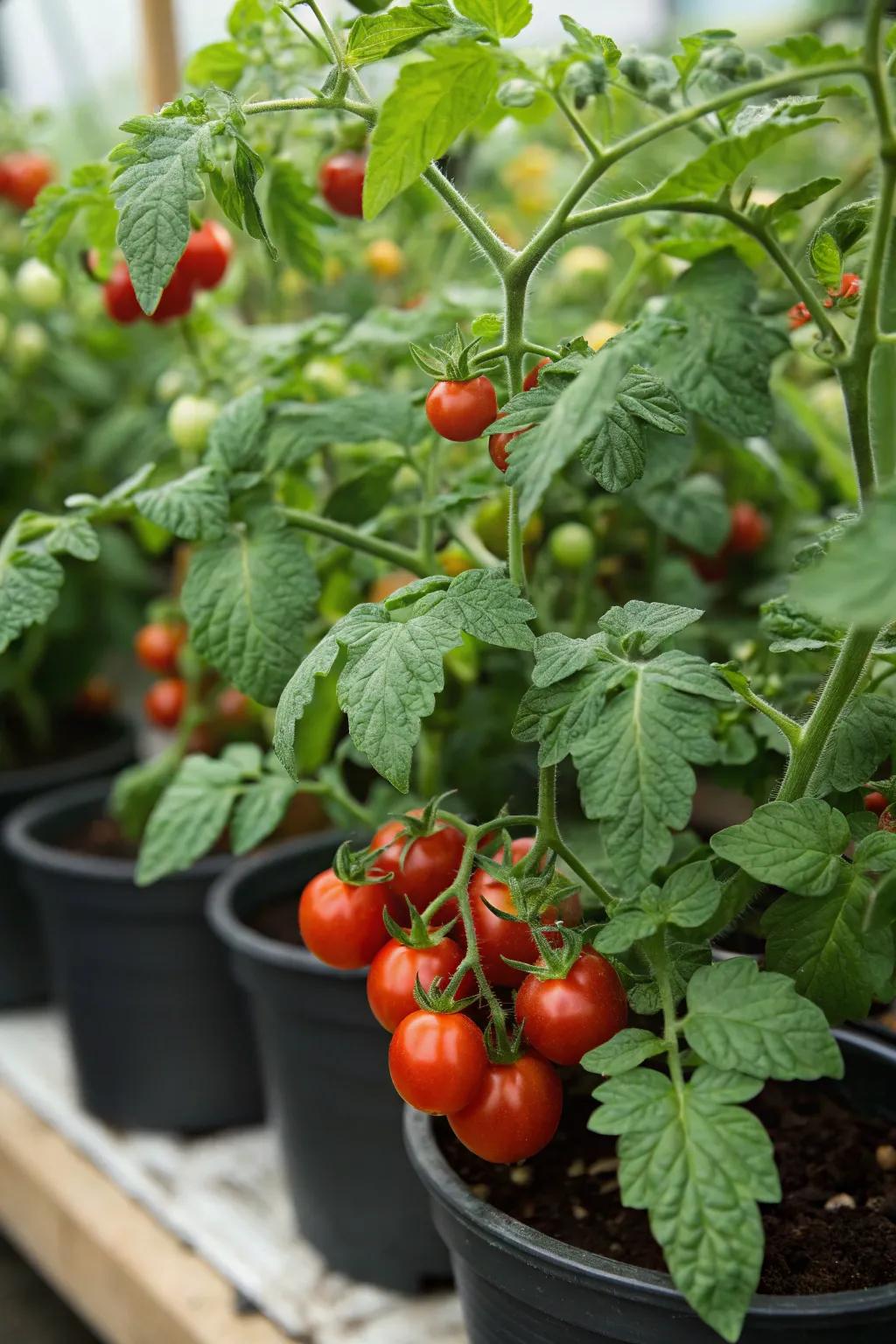 Cherry tomatoes are perfect for pots, offering sweet rewards in a compact form.