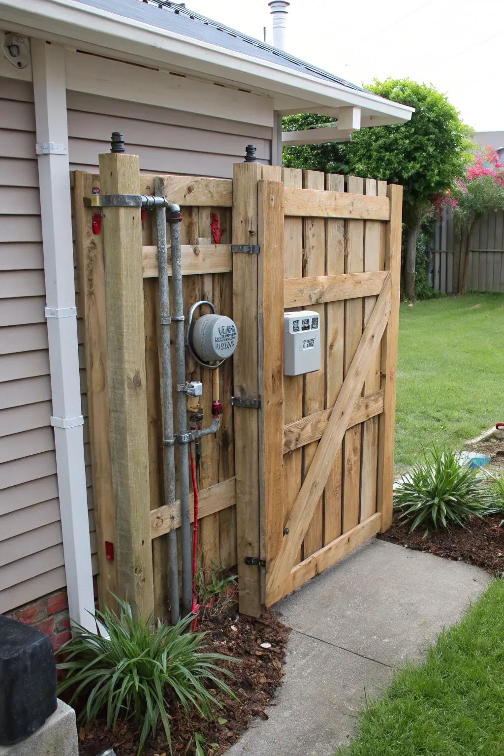A faux garden gate offers a charming disguise for a gas meter.