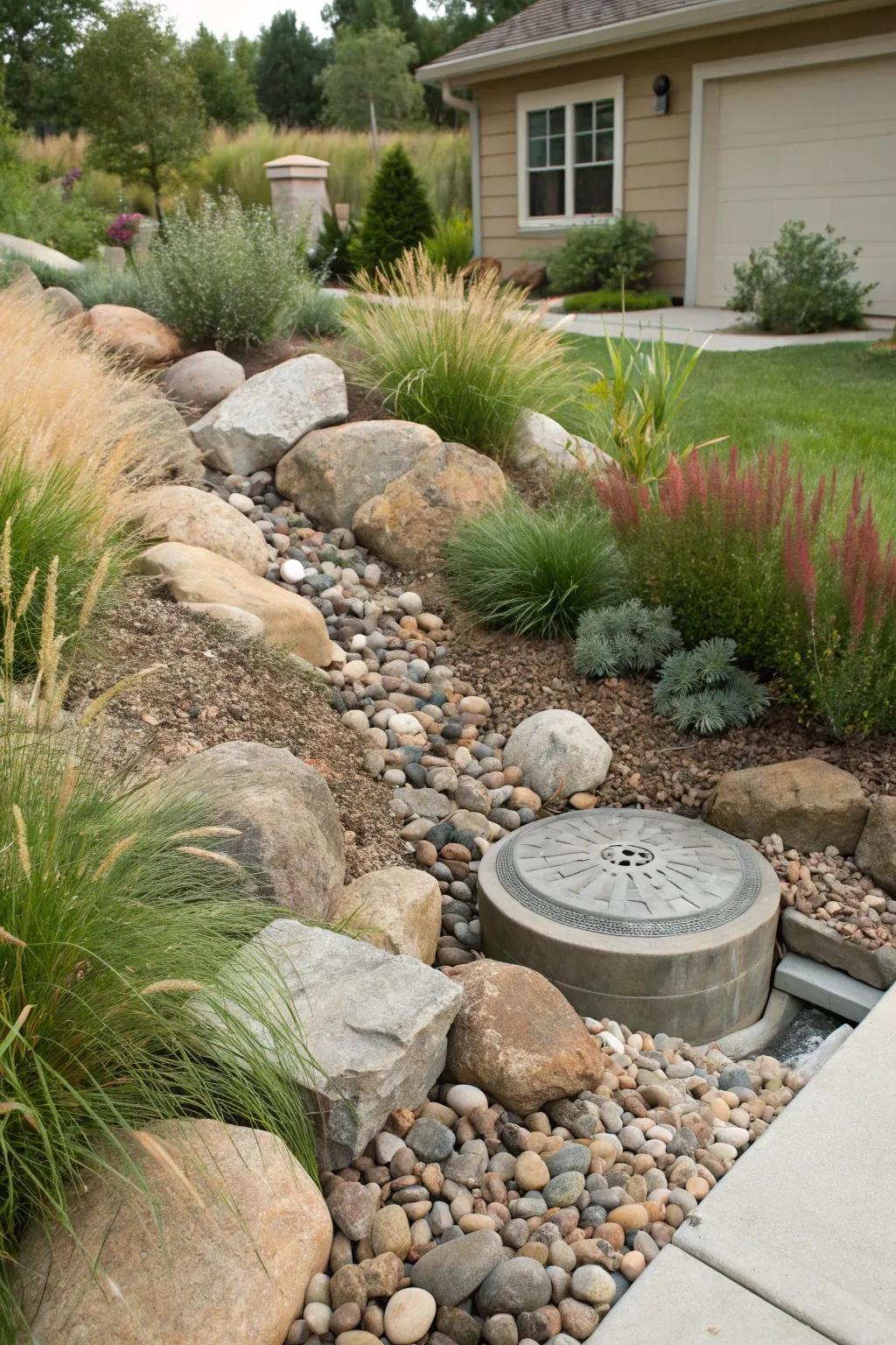 A rock garden can be both a beautiful and practical solution for hiding septic tank risers.