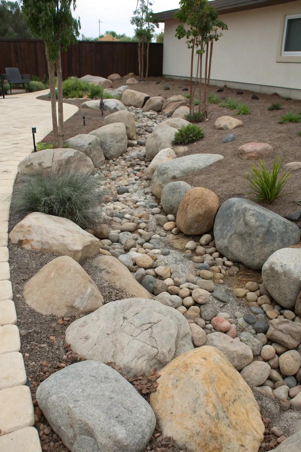 A dry riverbed design adds movement and flow to the garden.
