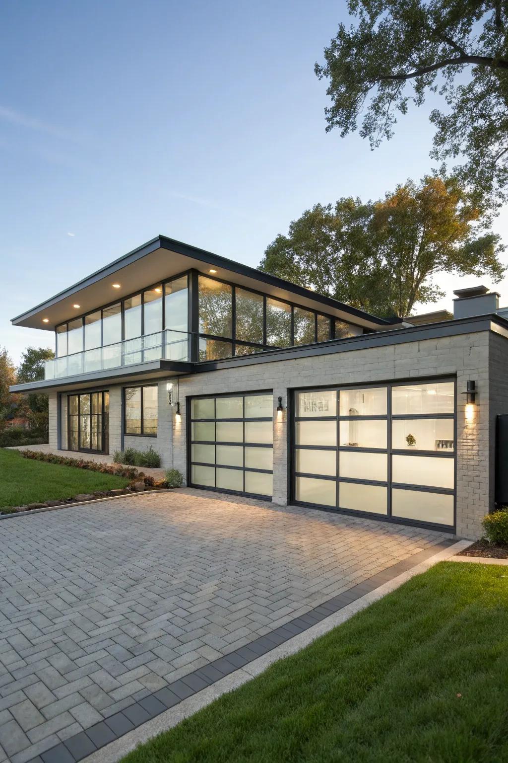 Modern garage doors with glass panels enhance this home's look.