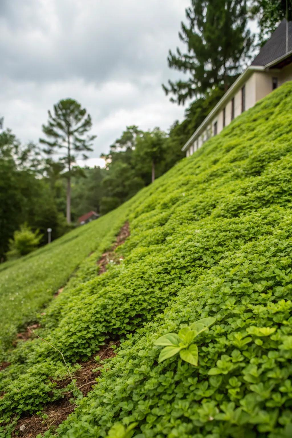 A sloped yard lush with green ground cover plants that stabilize the soil.