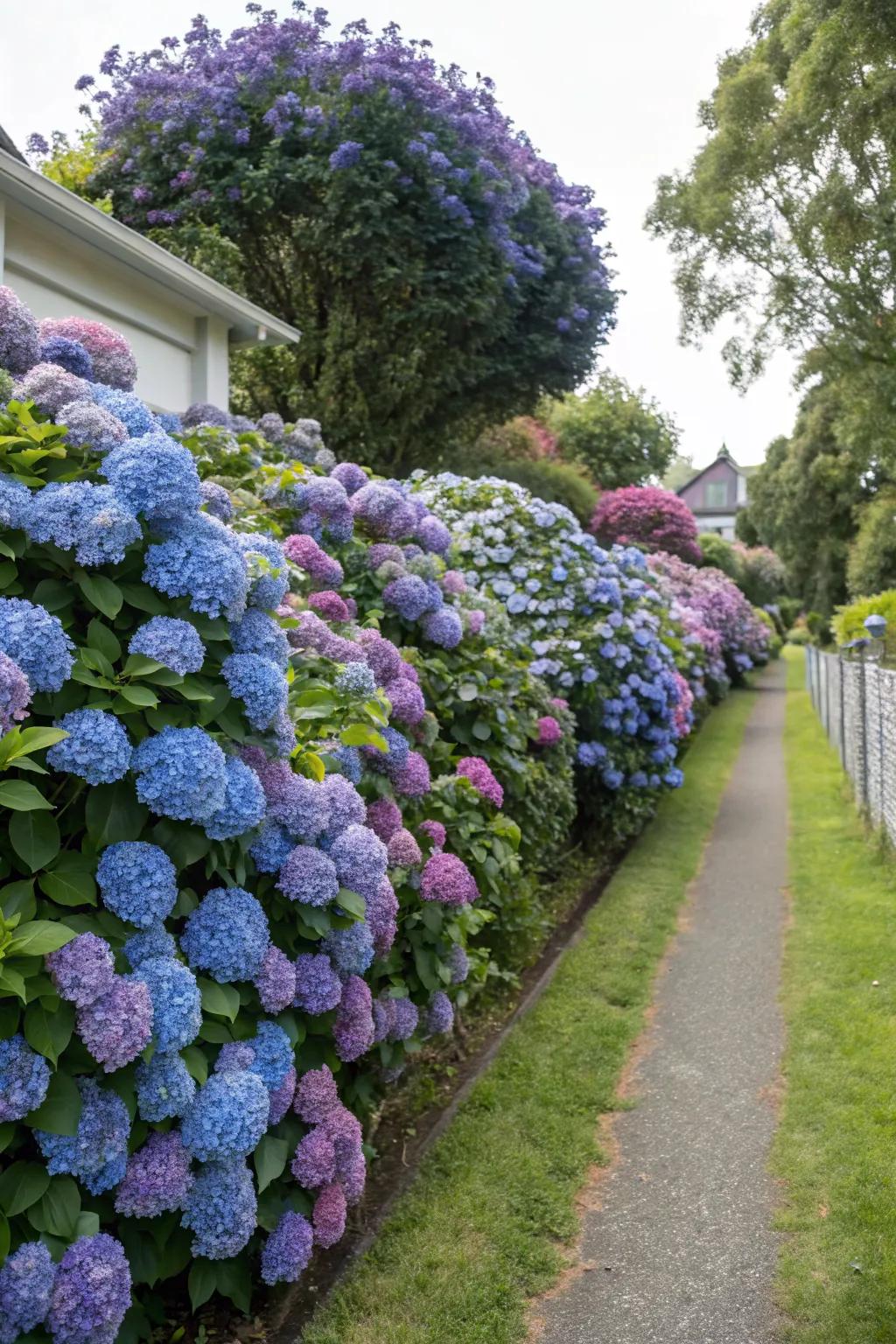 A hydrangea hedge provides both privacy and aesthetic appeal.