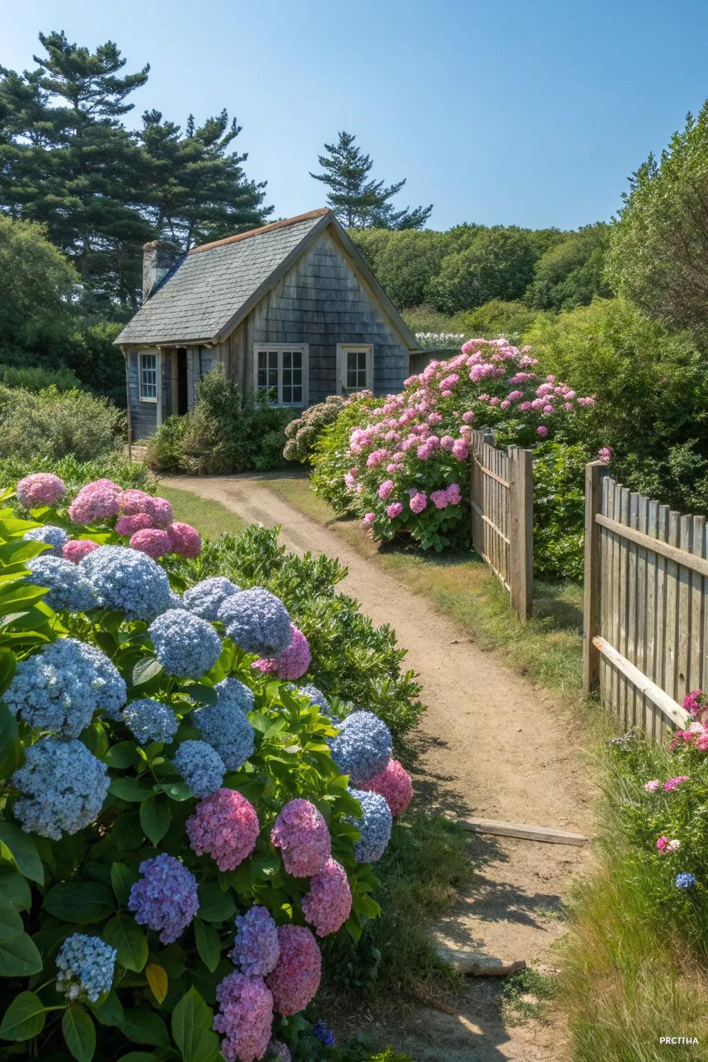 Hydrangeas add rustic charm to a classic cottage garden.