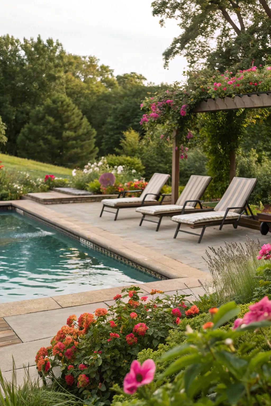 A tranquil poolside deck perfect for relaxing and entertaining.