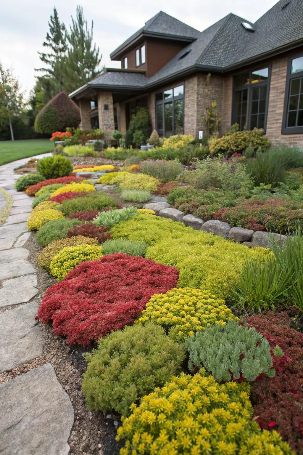 Sedum varieties creating a diverse and colorful ground cover.