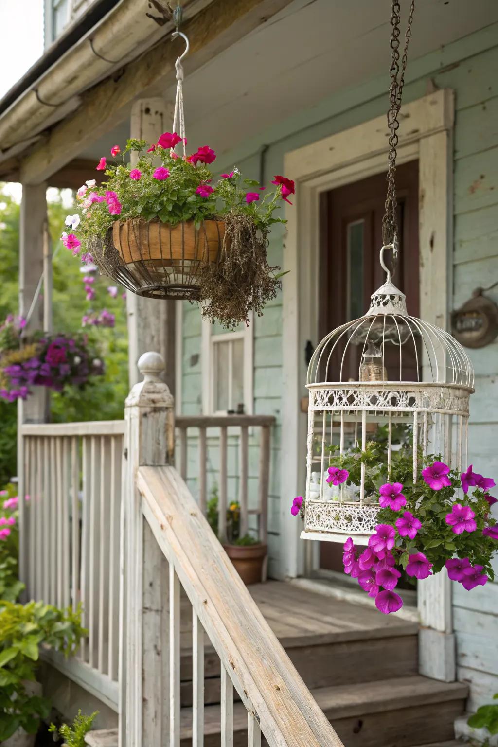 Vintage birdcages make delightfully unique hanging planters.