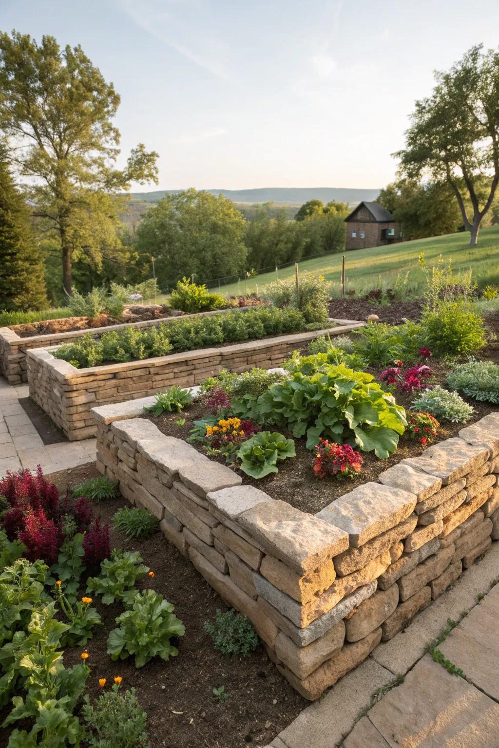 Stacked stone walls bring height and structure to your garden.