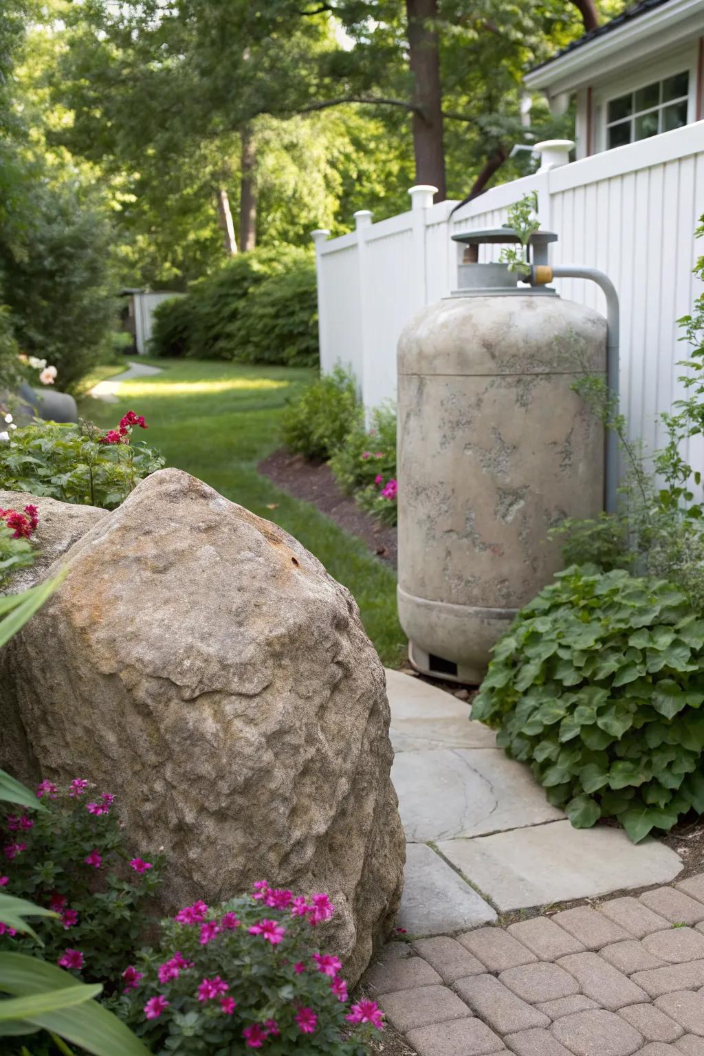 Faux rock covers transform your propane tank into a natural garden feature.