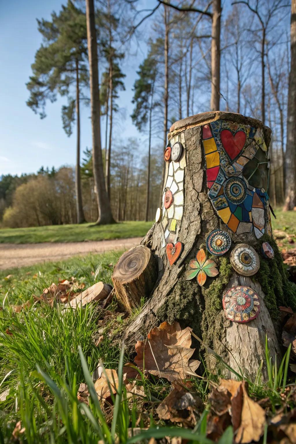 A stunning mosaic-covered tree stump.