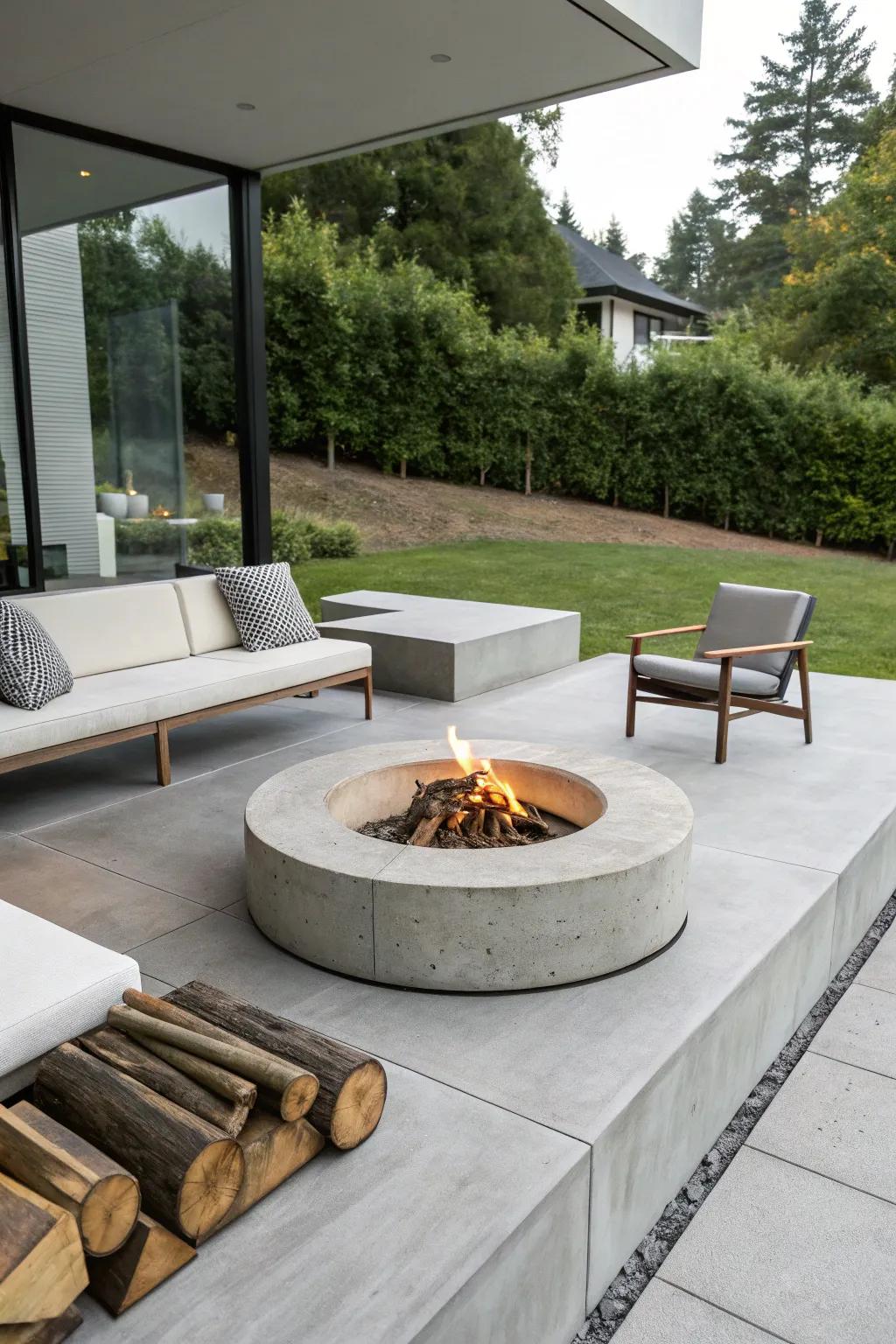 A sleek and modern concrete fire pit for a contemporary backyard.