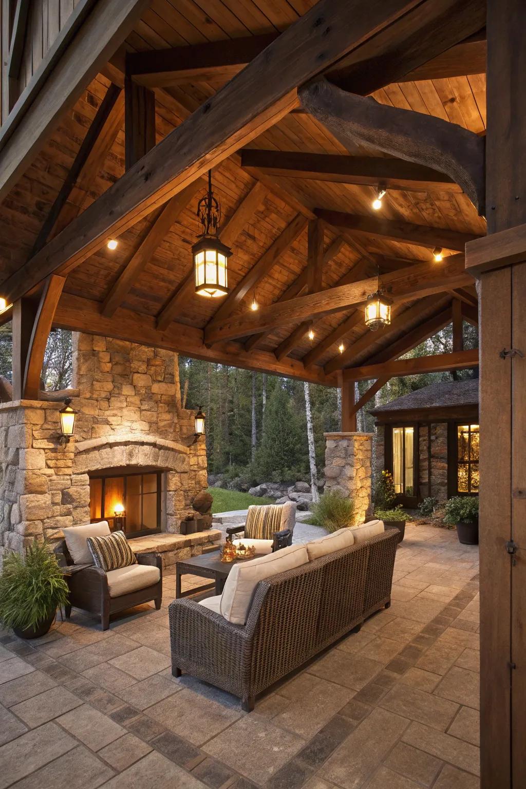 A rustic patio with natural wood and stone elements.