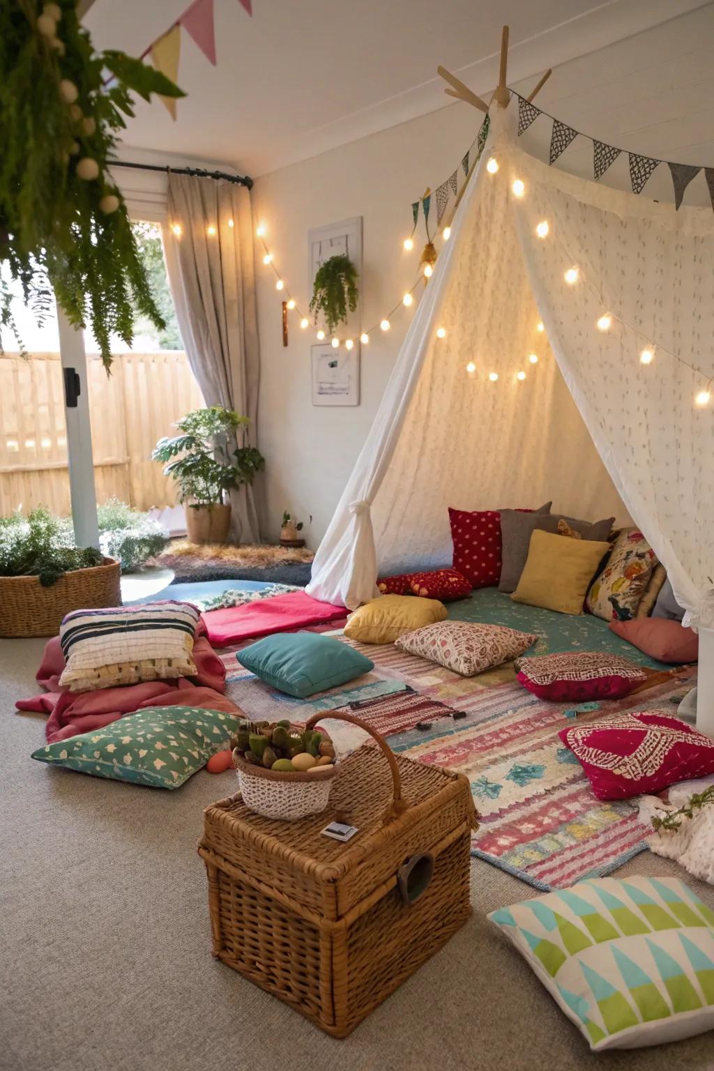 Enjoy a cozy indoor picnic with soft blankets and pillows.