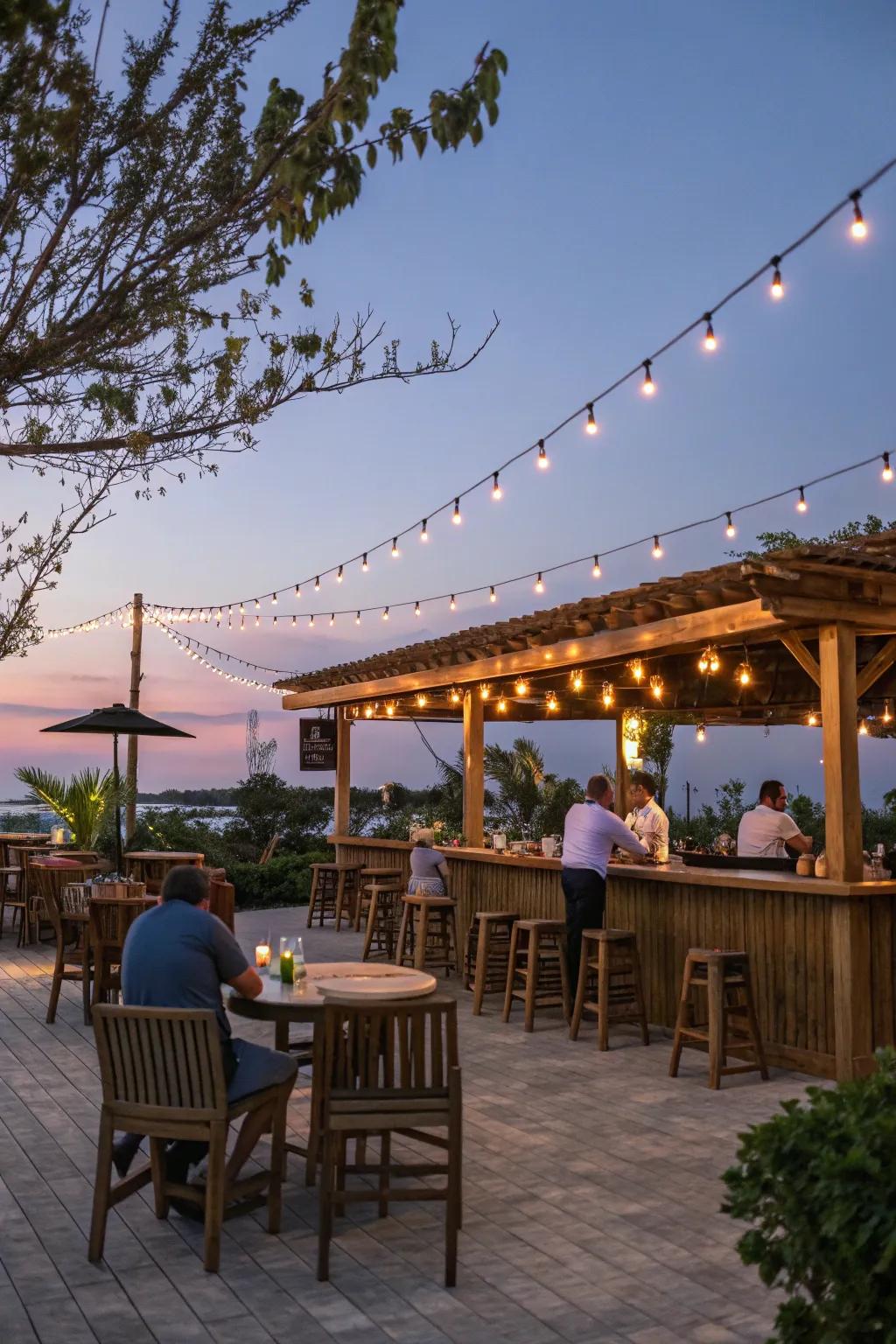 String lights create a warm and inviting atmosphere.