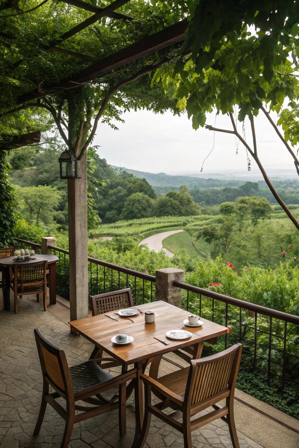 Outdoor dining setup with a garden view