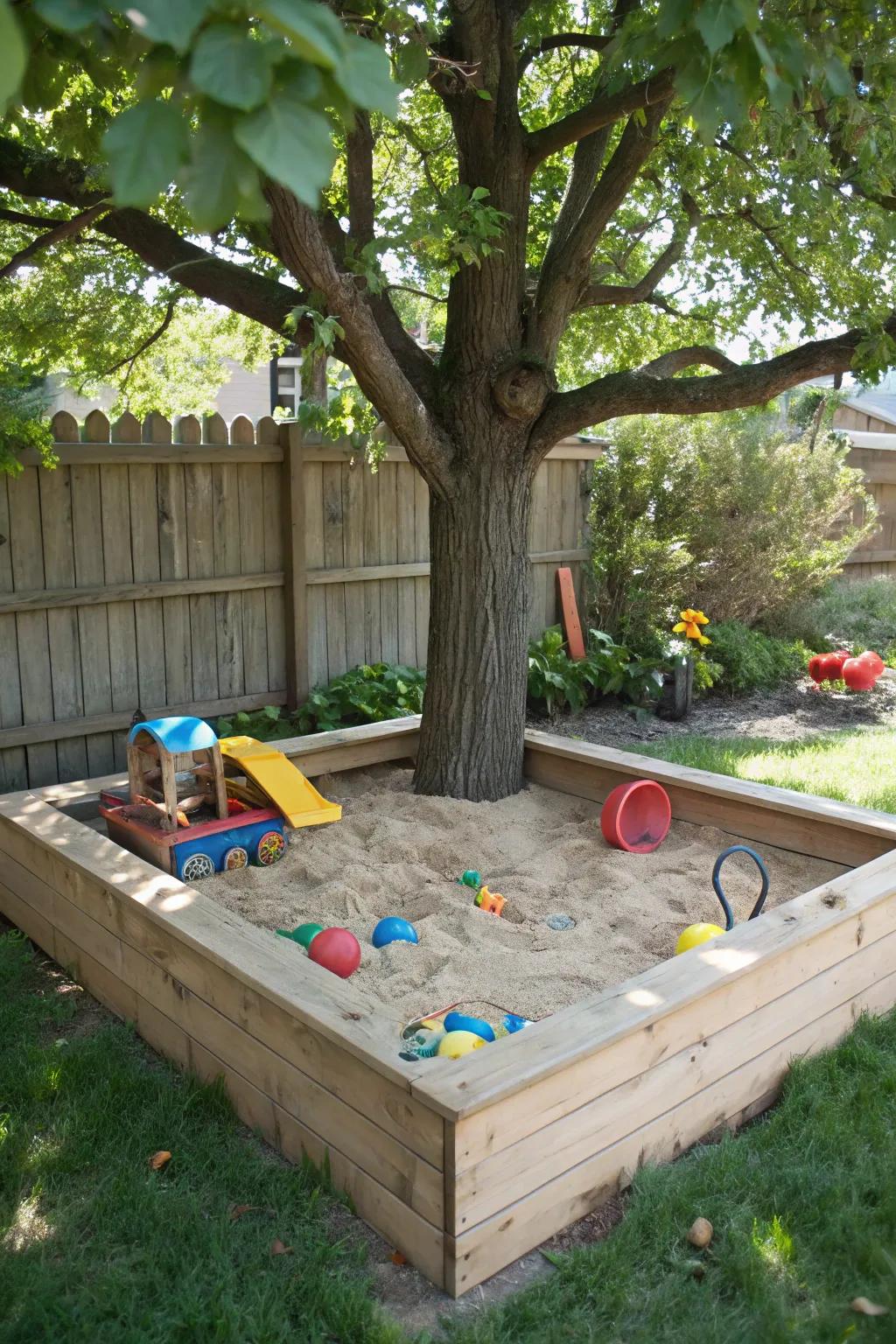 A cozy sandbox invites creative play in the shade.