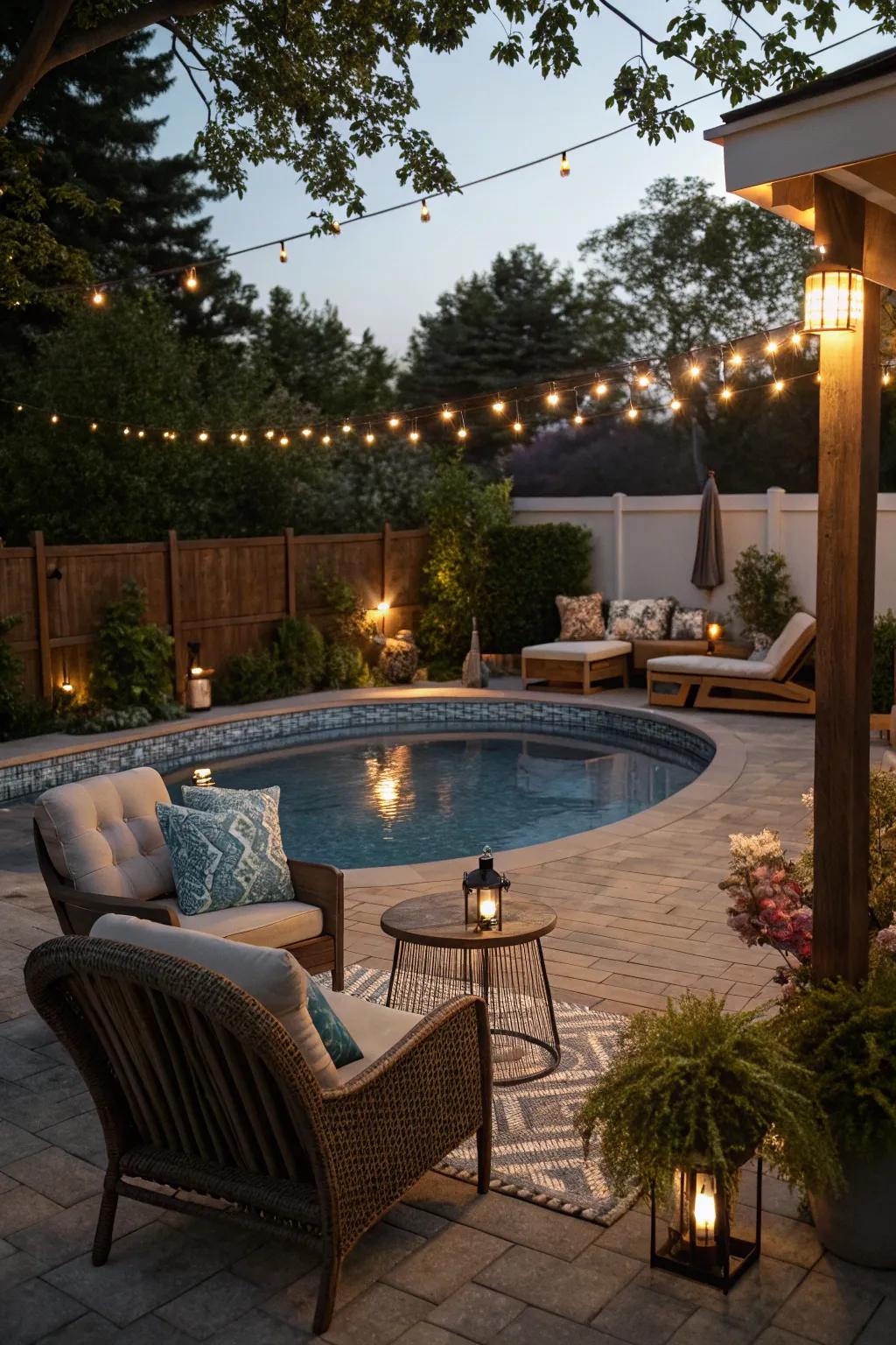 A cozy corner by the pool invites you to relax and unwind.