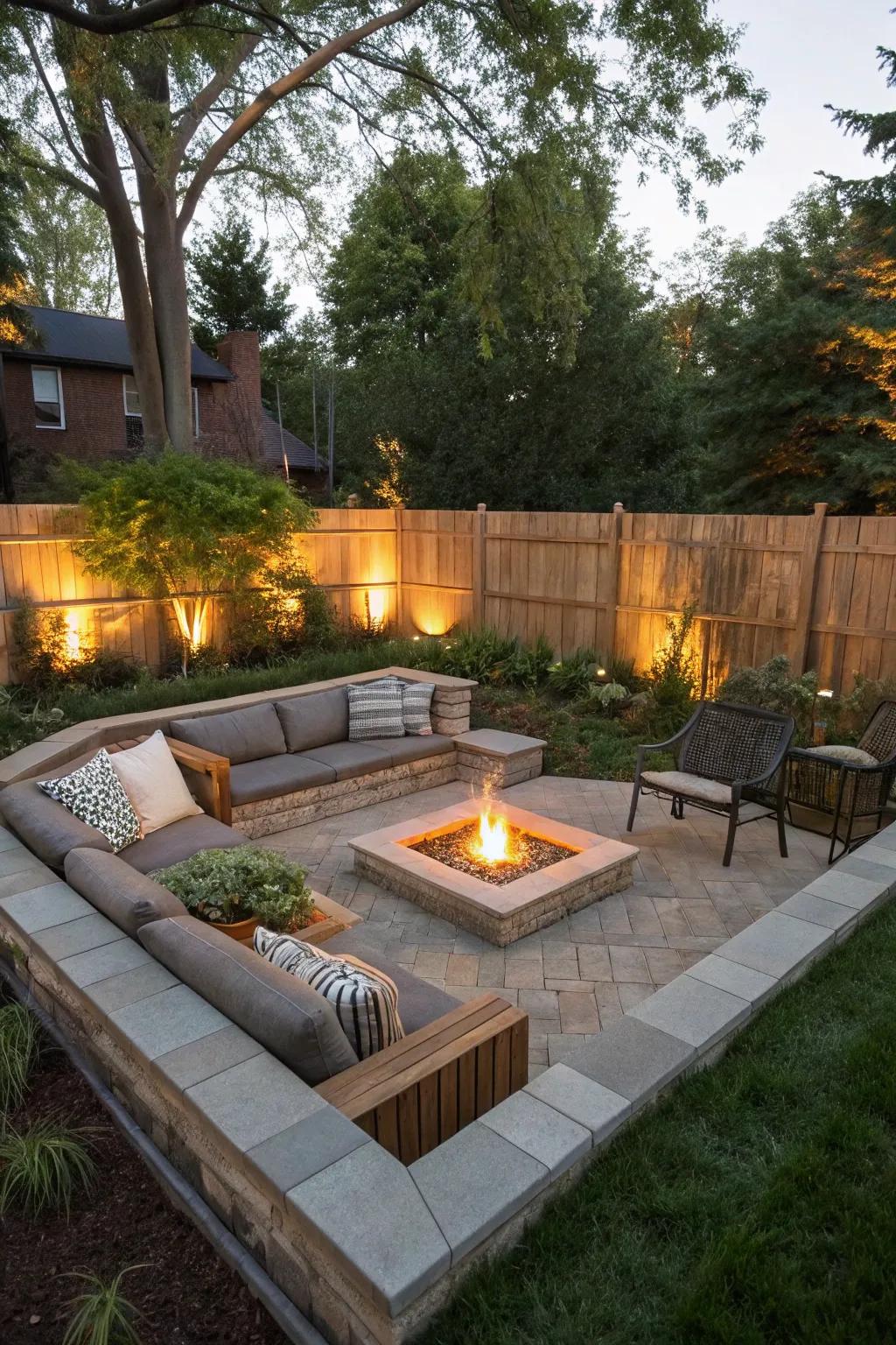 A sunken seating area creates a cozy nook for gatherings.