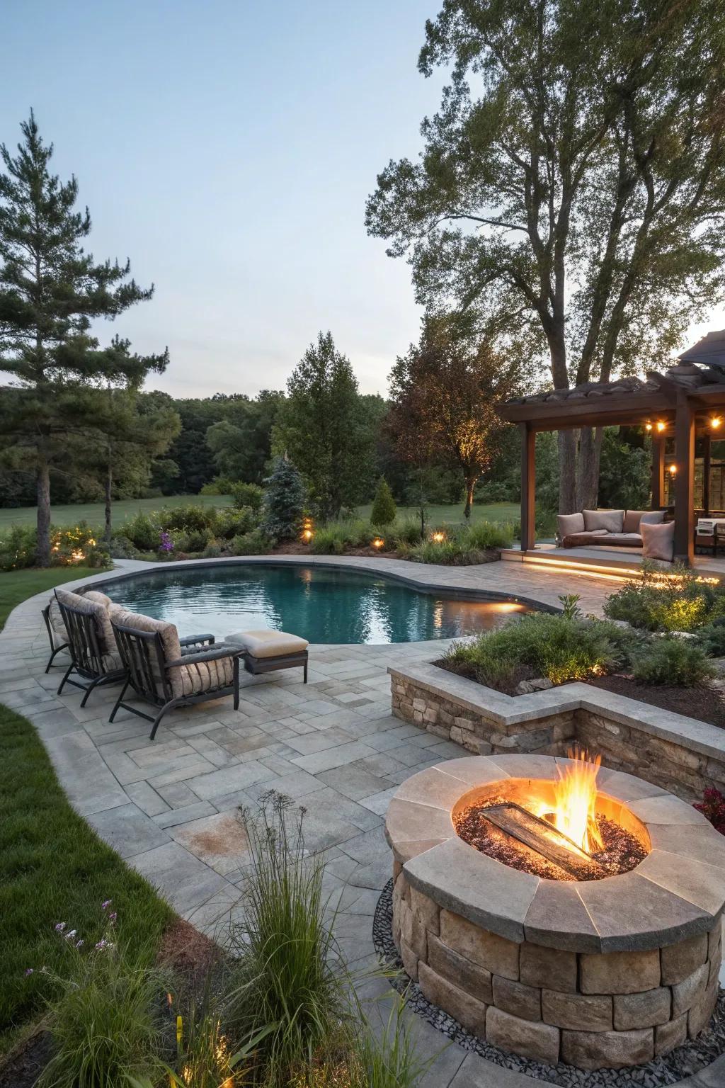 A fire pit by the pool creates a cozy gathering spot.