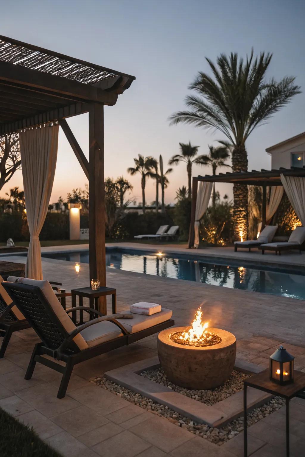 A fire pit by the pool adds warmth and ambiance for evening gatherings.