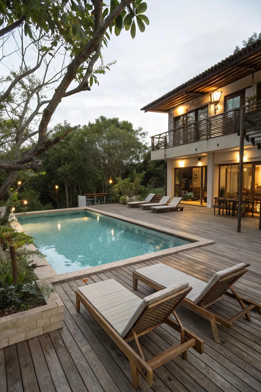 A cozy deck and lounge area surrounding an inviting inground pool.