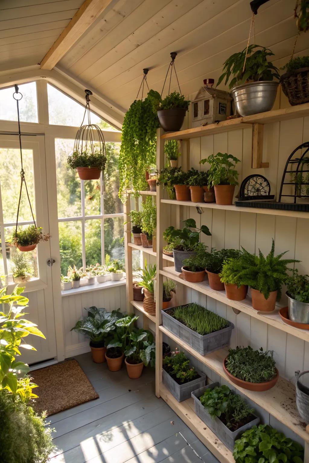 Create a serene indoor garden with a miniature greenhouse setup in your shed.