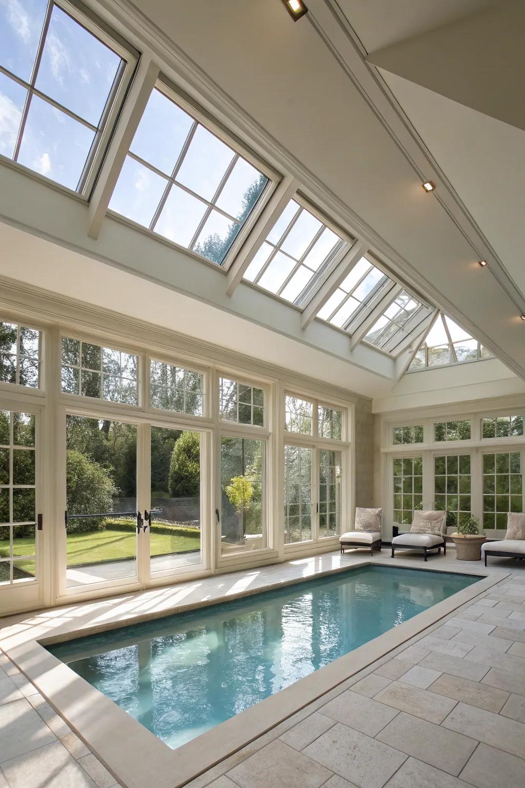 Pool house filled with natural light from expansive windows.