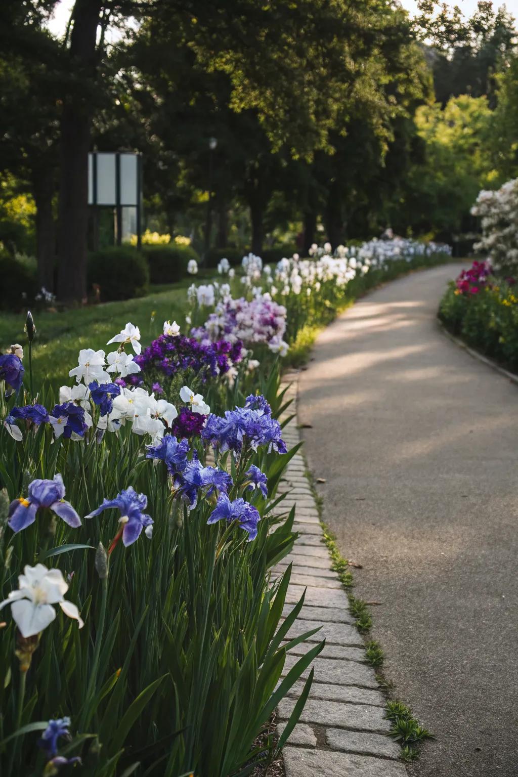 Elegant iris borders defining a garden pathway.