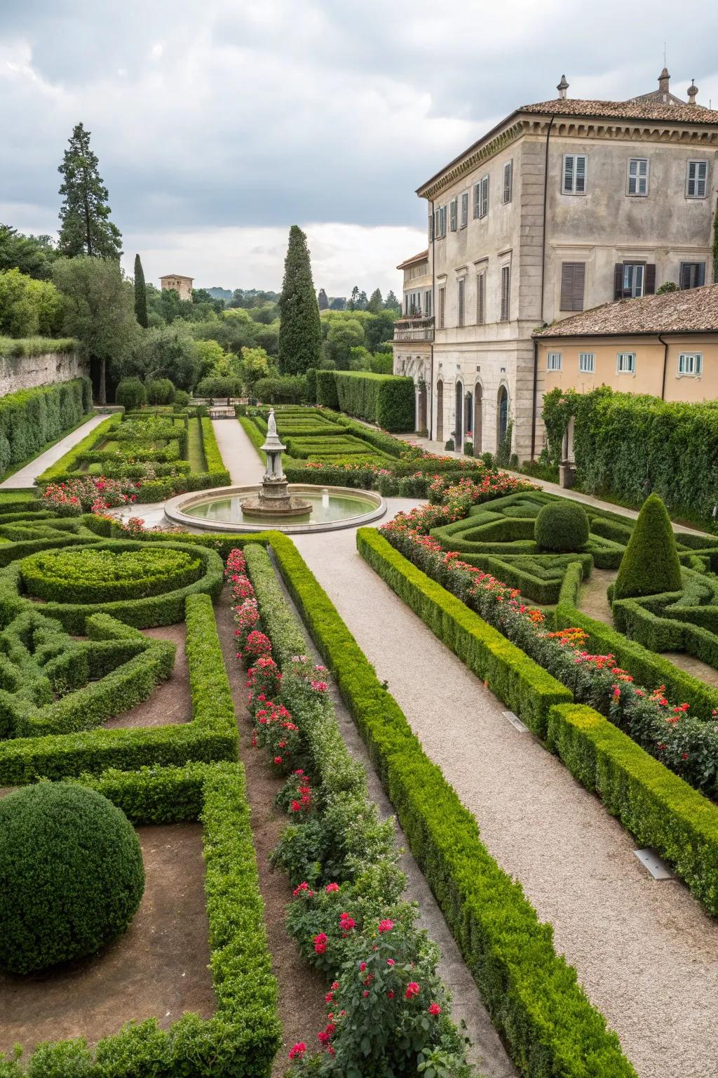 A symmetrical layout with neatly trimmed hedges and pathways.