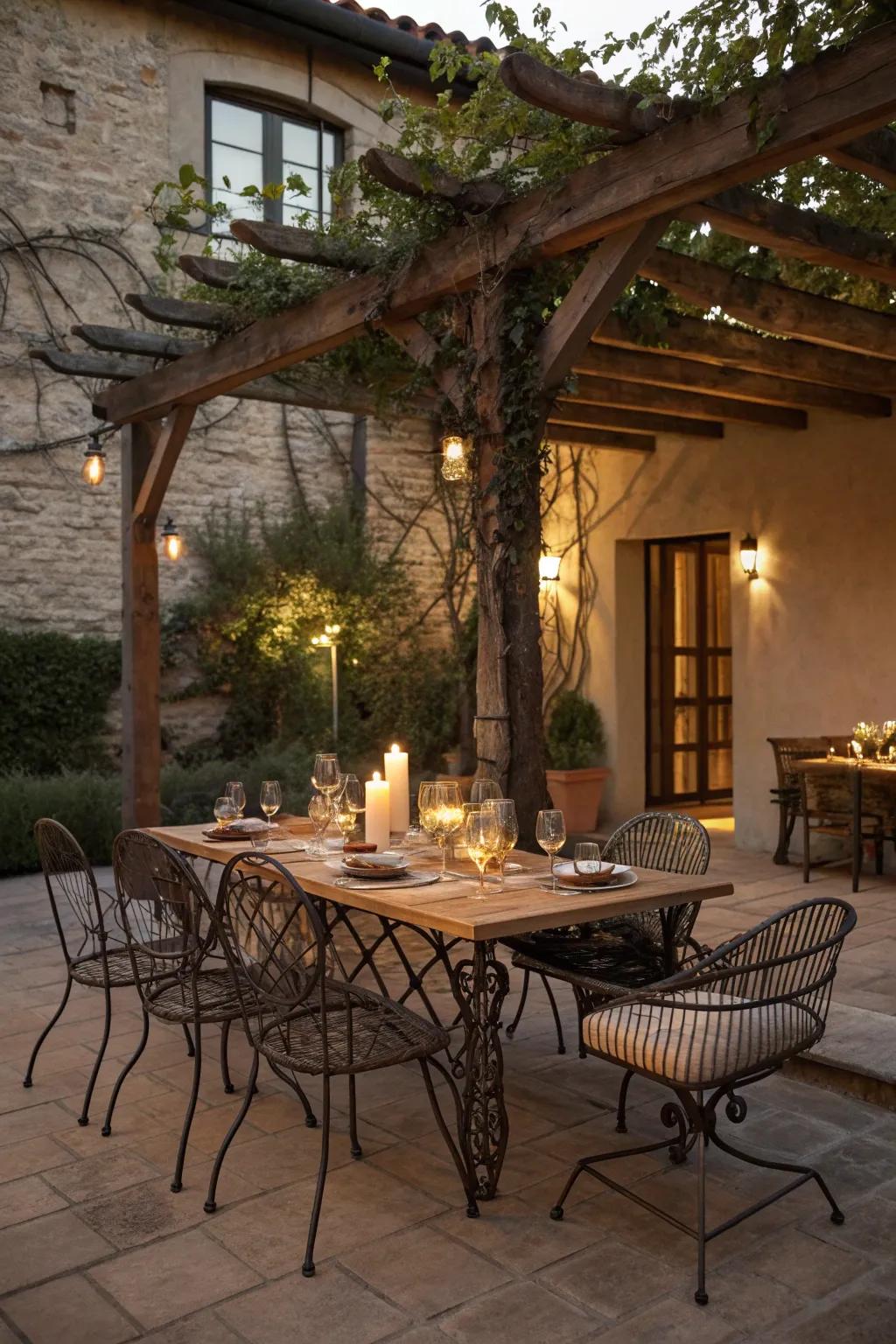 An inviting al fresco dining setup under a charming pergola.