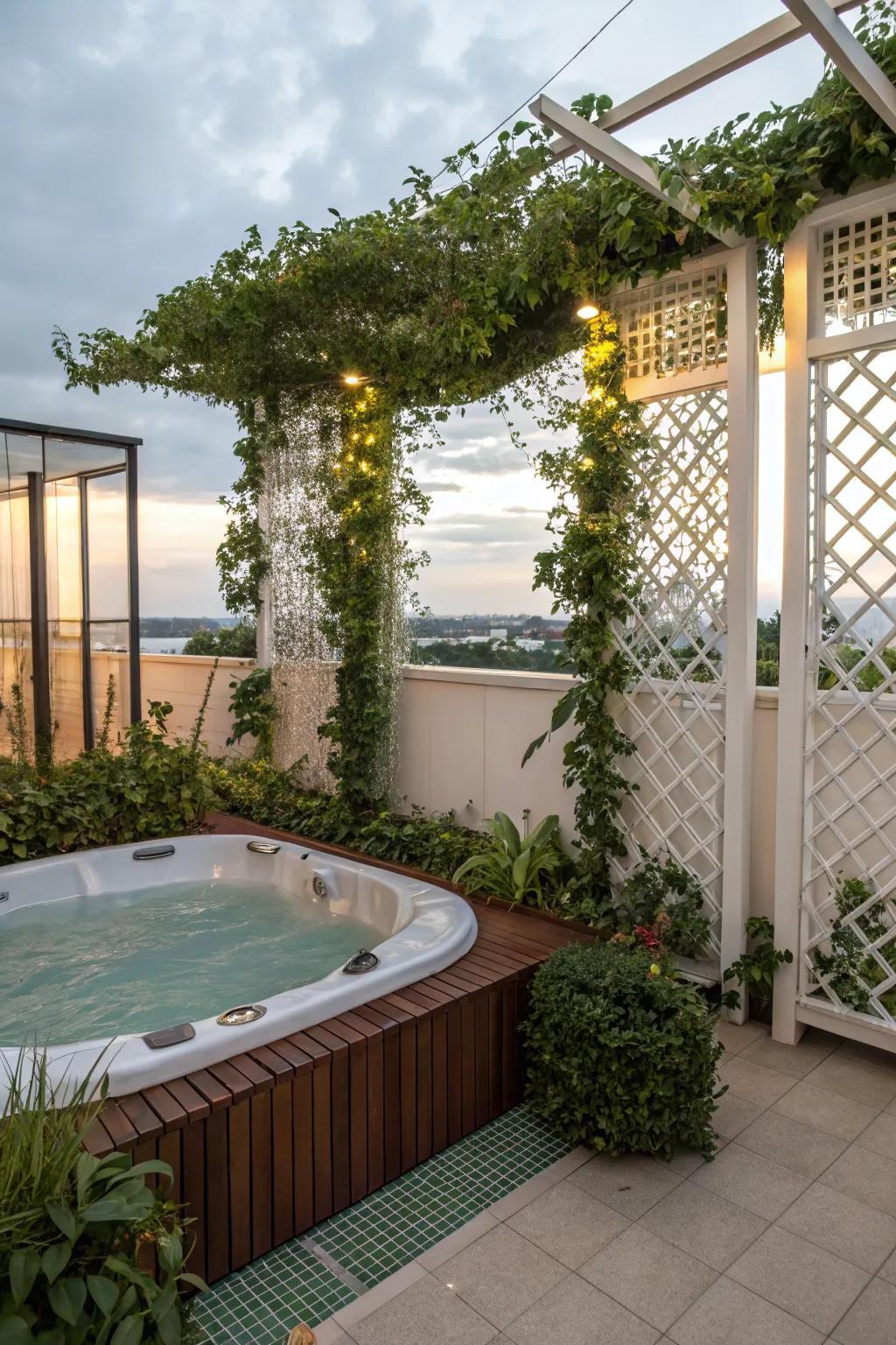 A private jacuzzi area with elegant screens adorned by climbing plants