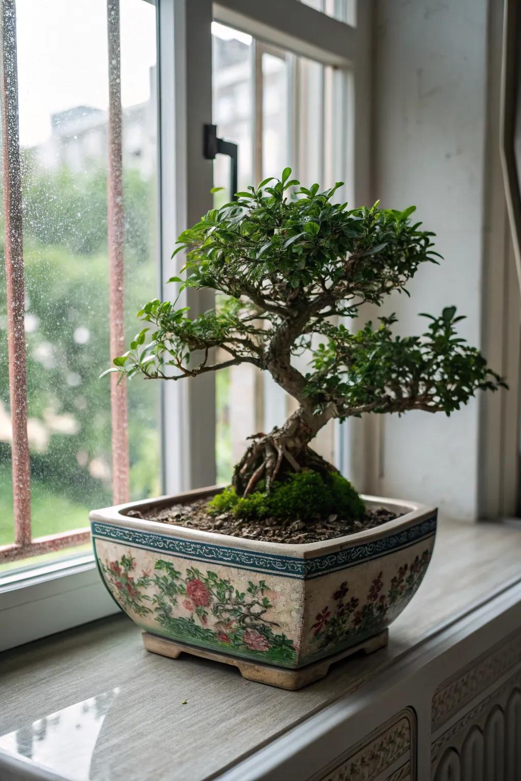 Expressive pottery brings out the jade bonsai's character.