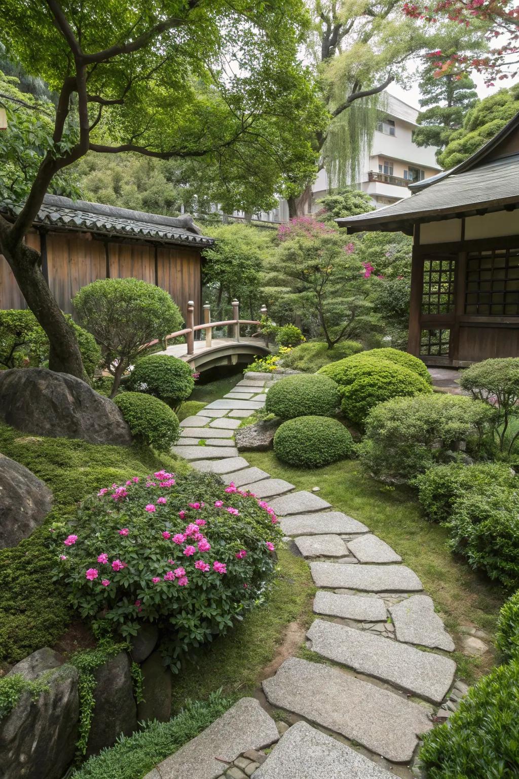 A Japanese backyard where stone pathways invite a peaceful stroll through nature.