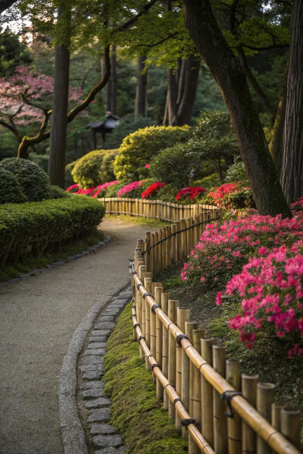 Bamboo edging brings traditional elegance to this garden.