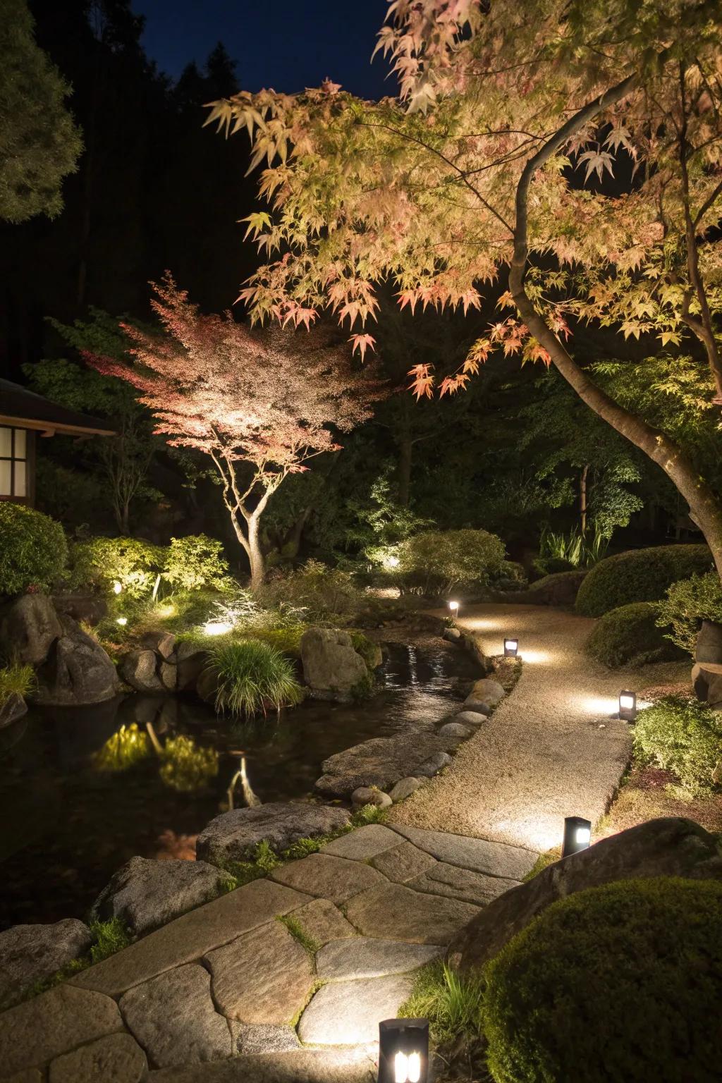 Spotlights highlighting a stunning Japanese maple.