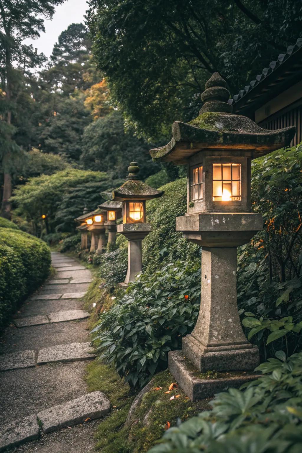 Stone lanterns offer a warm glow and traditional charm to your garden.