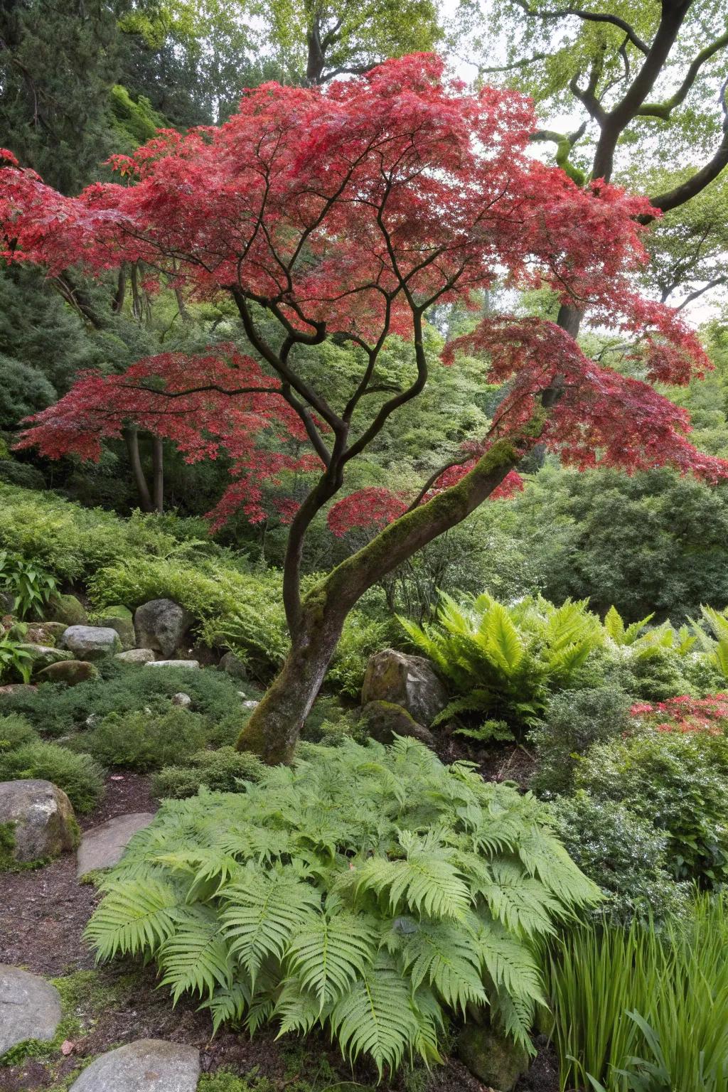 Dynamic contrasts with Japanese maple and greenery.