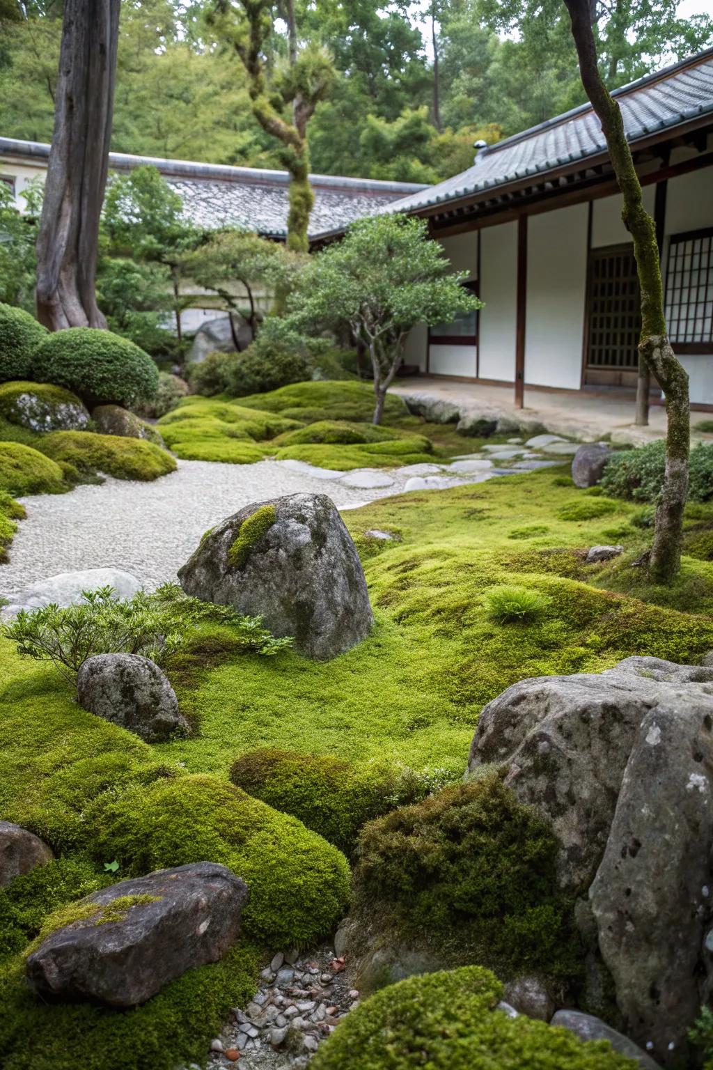 Moss adds a lush, soft touch to the garden landscape.