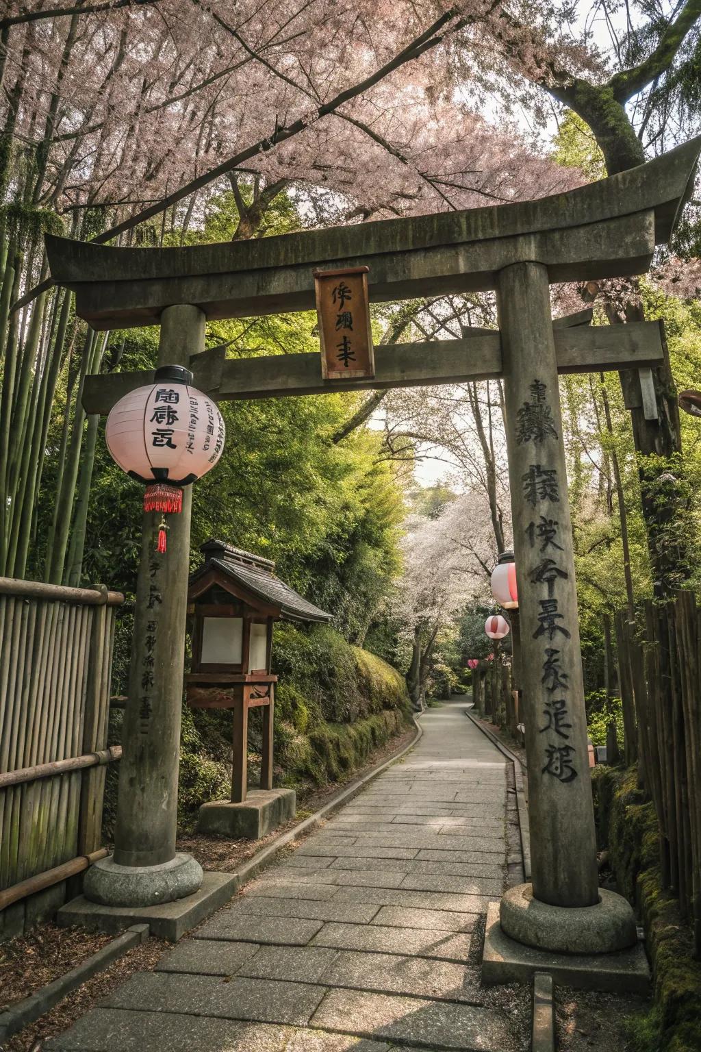 A Shinto-style gate trellis creates a serene garden entryway.