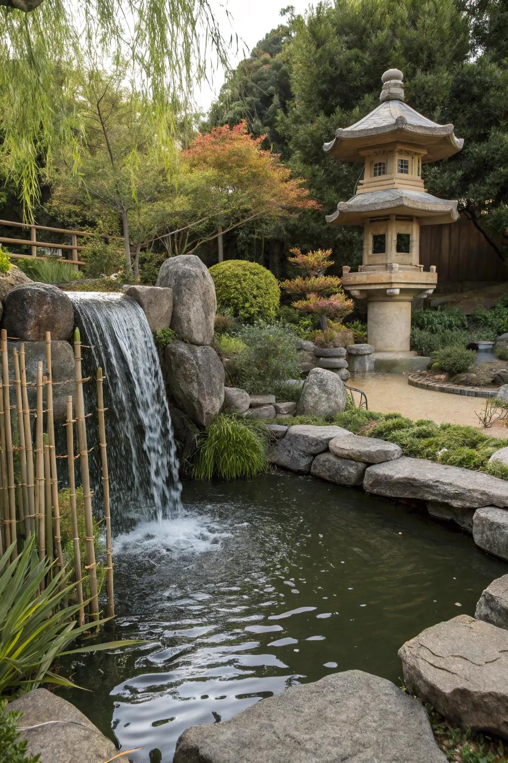 Embrace tranquility with a Japanese-inspired koi pond and waterfall.