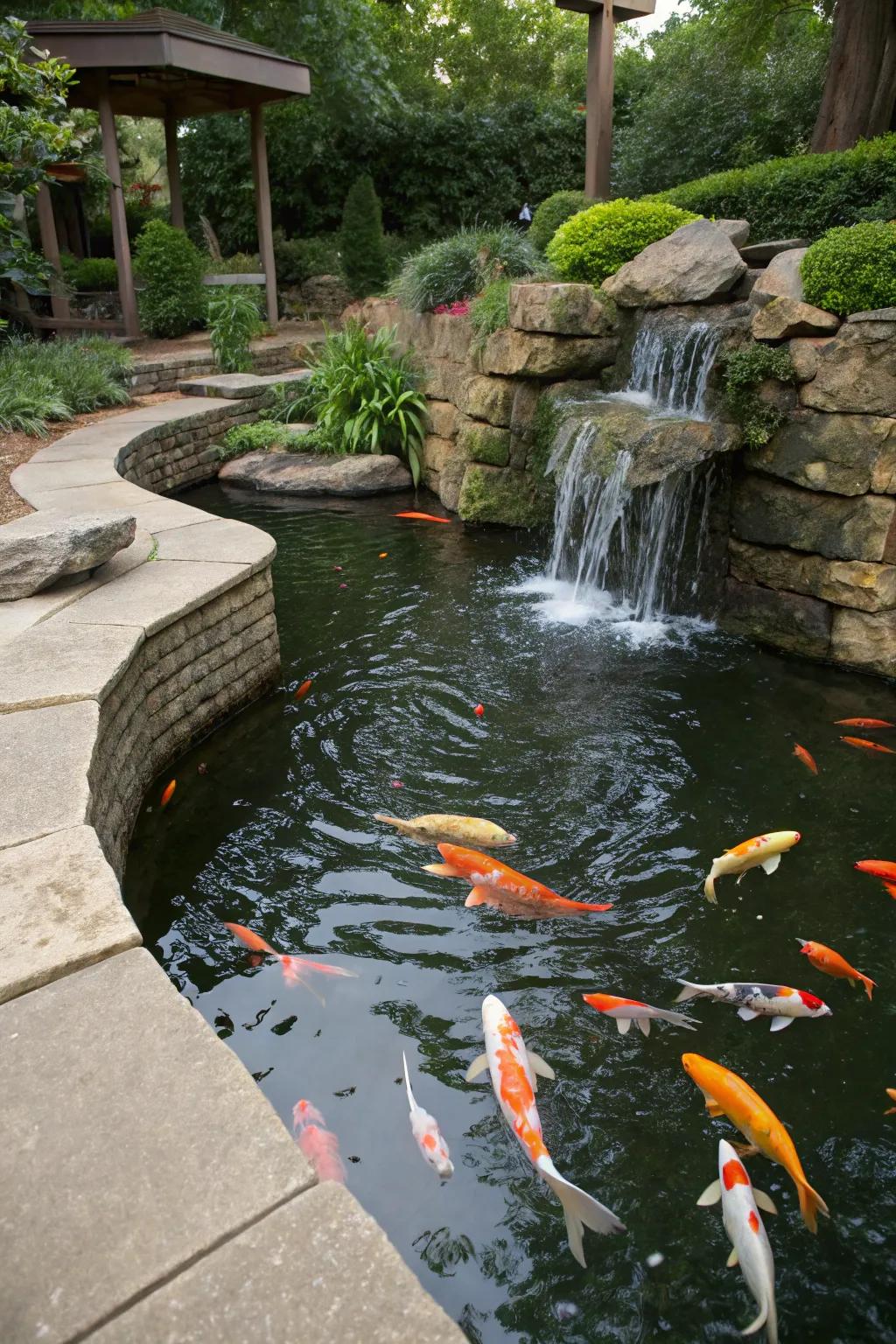 A gentle waterfall adding movement and sound to a koi pond setting.