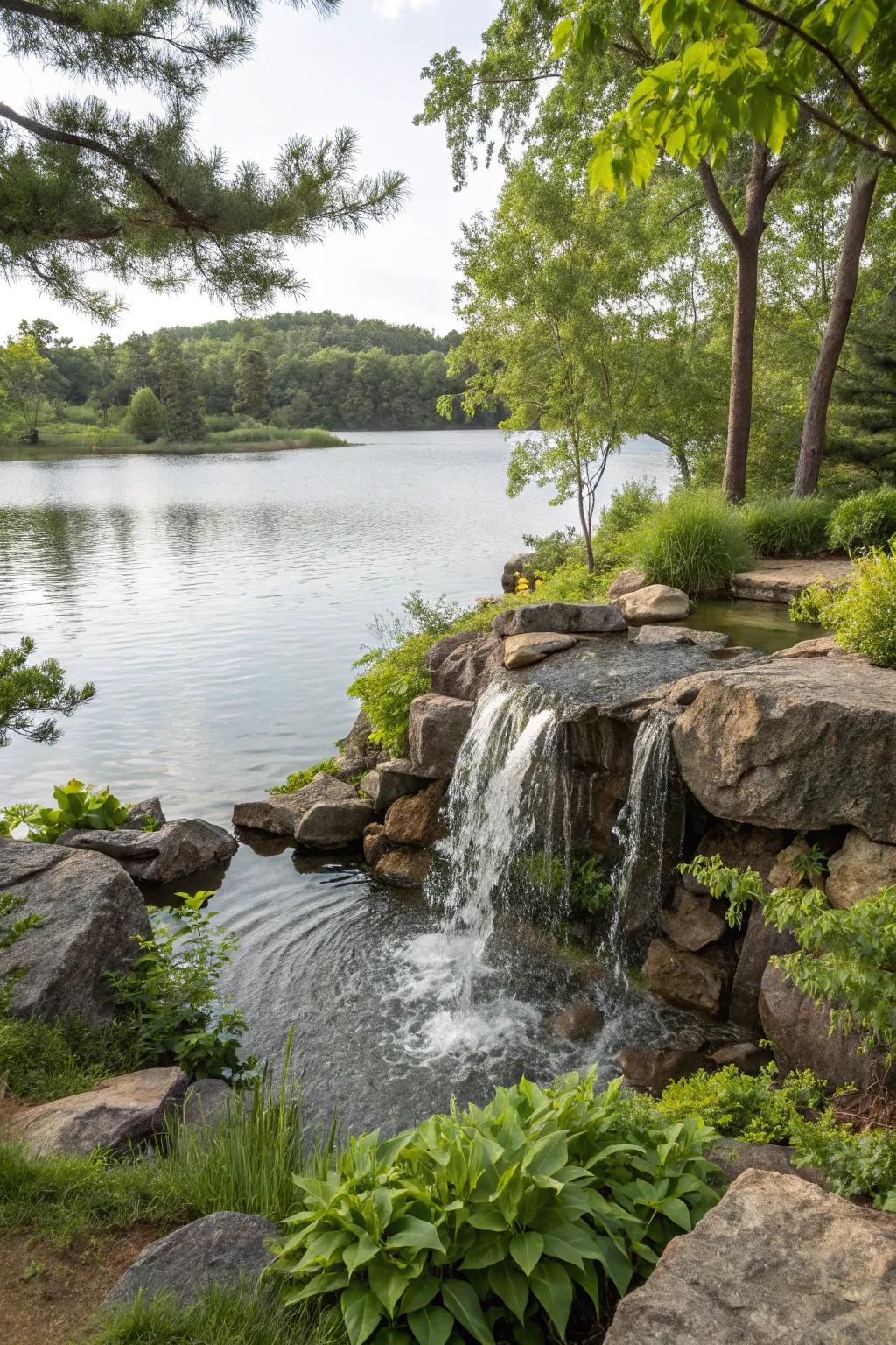 A small waterfall feature adding charm to the lakeside.