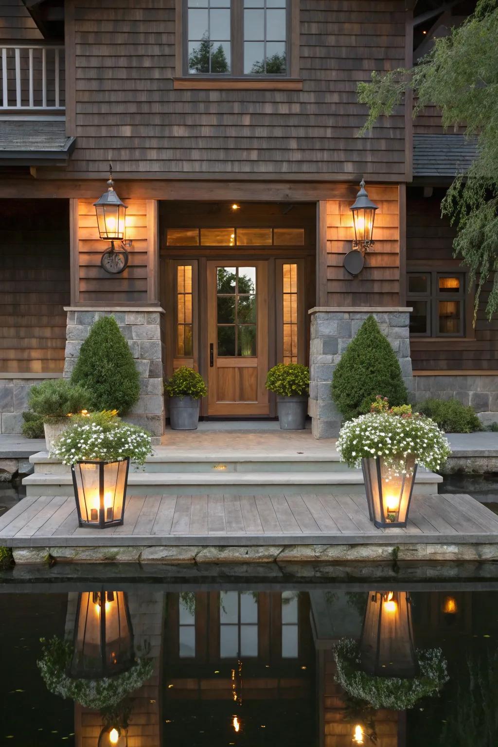 Symmetry at the entrance with matching planters and lanterns.