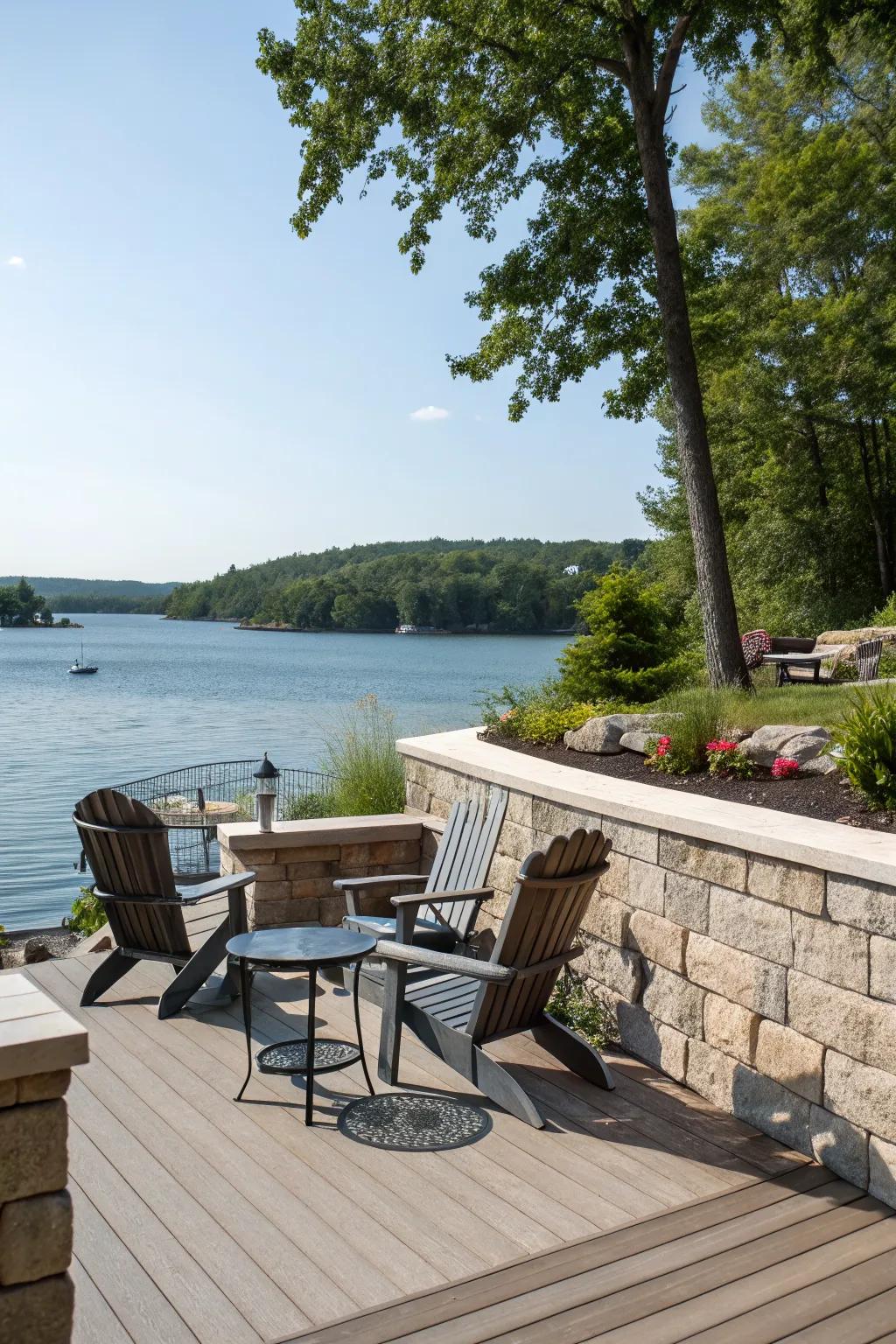 A waterfront deck offers a perfect spot to enjoy the lake views.