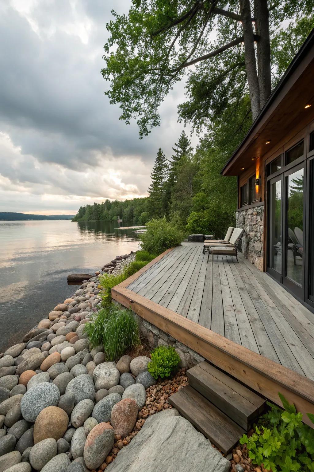 A deck that uses natural materials to blend with its surroundings.