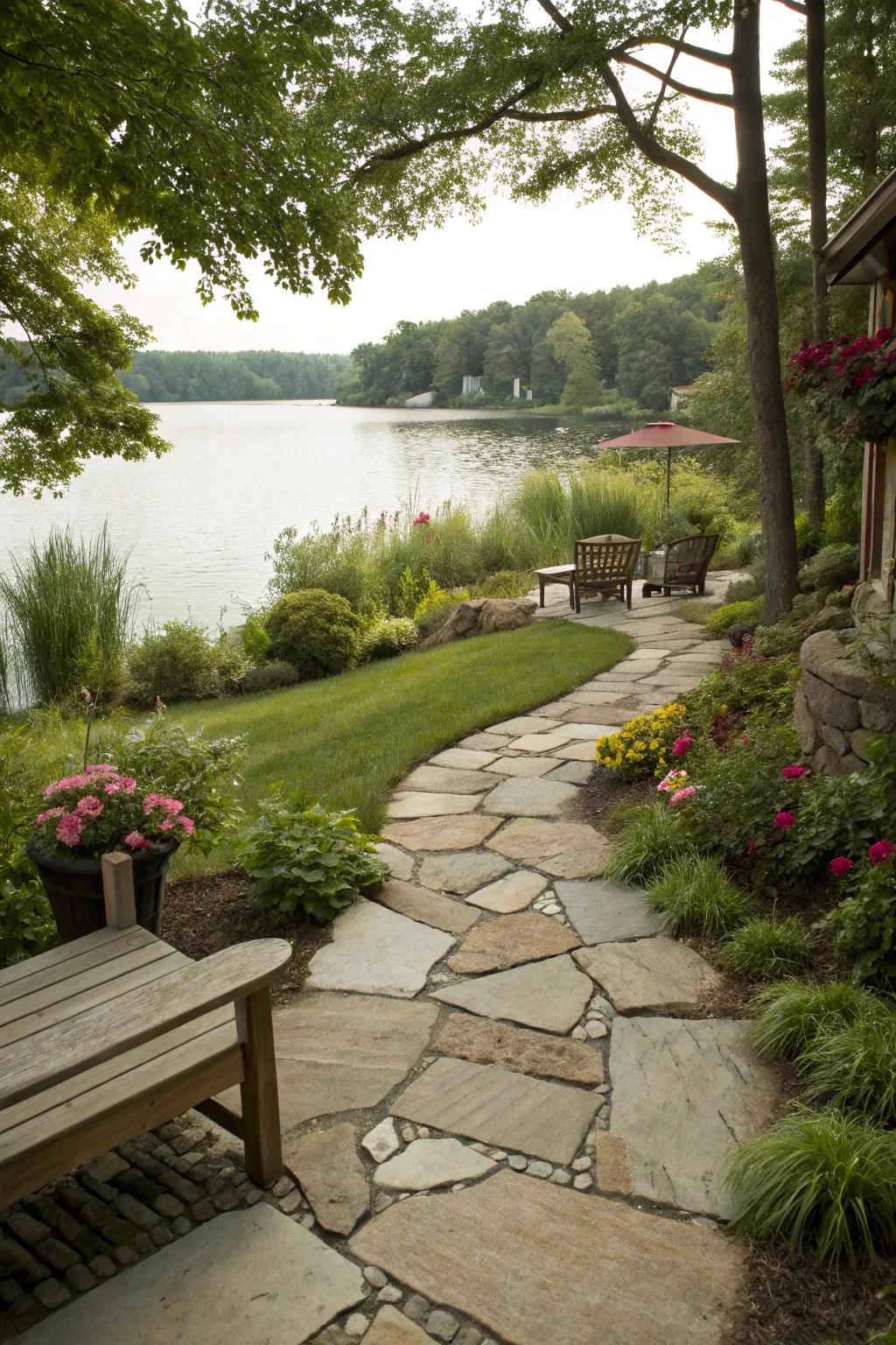 Stone pathways seamlessly connecting the patio to the natural surroundings.