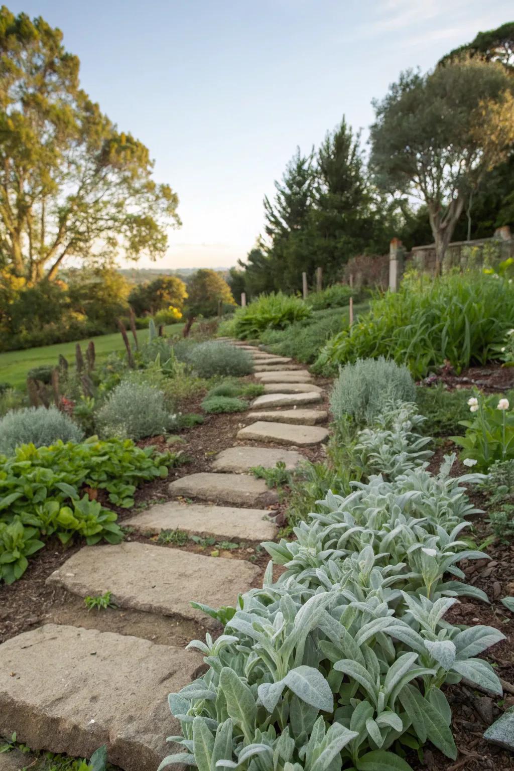 Lamb's ear nestled between garden stepping stones for a charming look.